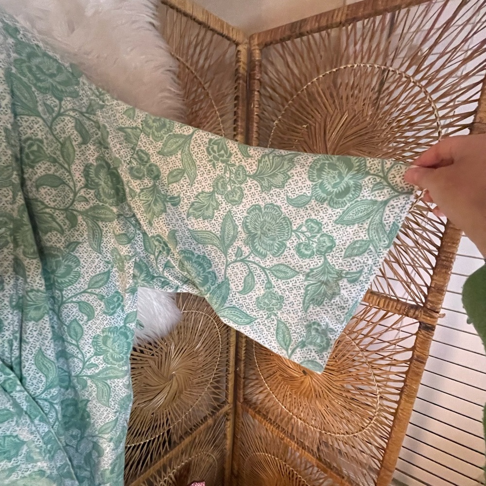 Garnet Hill Womens Asian Wrap Organic Cotton Robe Green Floral Cottagecore M - Picture 7 of 10